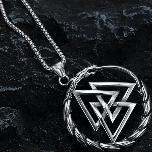 Vista 3 de Jude Jewelers Collar con colgante de brújula nórdico de acero inoxidable vikingo, valknut nórdico, runa de dragón y lobo, Metal, Circonia cúbica