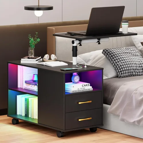 Vista 8 de Gurexl Mesita de noche LED de 360° con estación de carga inalámbrica, mesita de noche ajustable movible con bandeja para portátil, soporte de noche