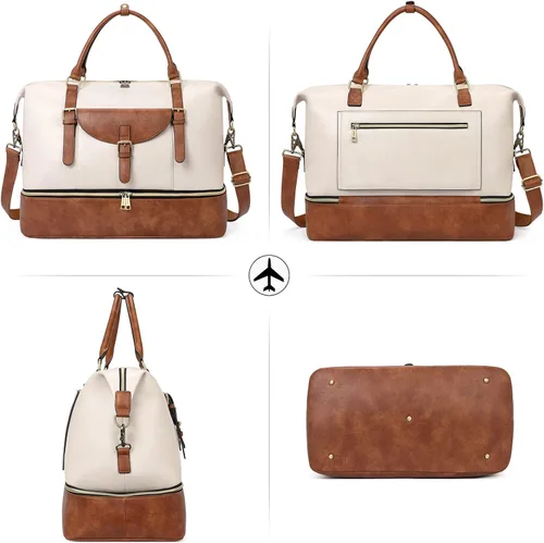 Vista 7 de CLUCI Bolsa de fin de semana para mujer, de cuero, grande, con compartimento para zapatos, Beige con marrón.