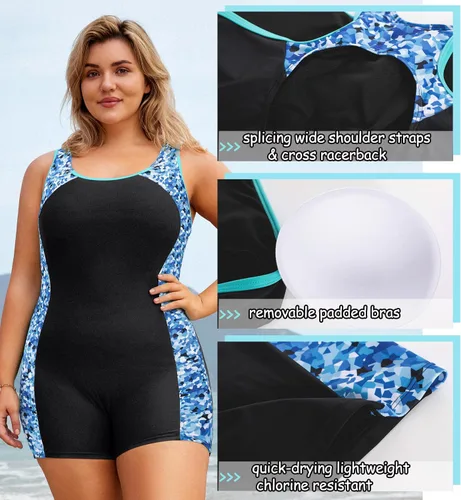 Vista 2 de Hanna Nikole Traje de baño deportivo Boyleg de una pieza para mujer, talla grande, cobertura completa, traje de baño de entrenamiento con espalda