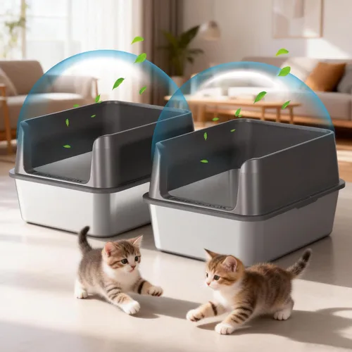 Vista 7 de KITCATY Paquete de 2 cajas de arena de acero inoxidable para gatos, 17 pulgadas de largo x 13 pulgadas de ancho x 10 pulgadas de alto, caja de arena