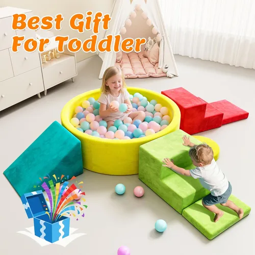 Vista 8 de Juego de bloques de escalada de espuma suave, juguetes de escalada para niños pequeños con pozo de bolas para jugar en interiores, escalador modular