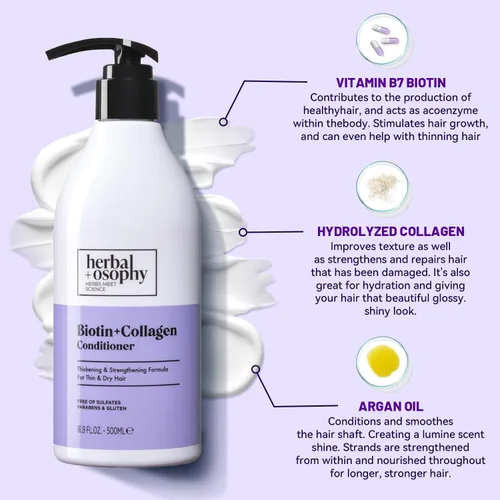 Vista 2 de Herbalosophy Juego de champú y acondicionador de biotina y colágeno, engrosamiento del crecimiento del cabello, reparador y seco, juego de cabello