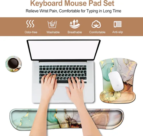 Vista 2 de ArtSo Reposamuñecas para teclado + alfombrilla para mouse con soporte para reposamuñecas ergonómico + juego de posavasos 3 en 1, base Arte abstracto