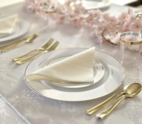 Vista 5 de Platos de plástico desechables Occasions para fiestas de boda (120 unidades), Blanco / Borde dorado