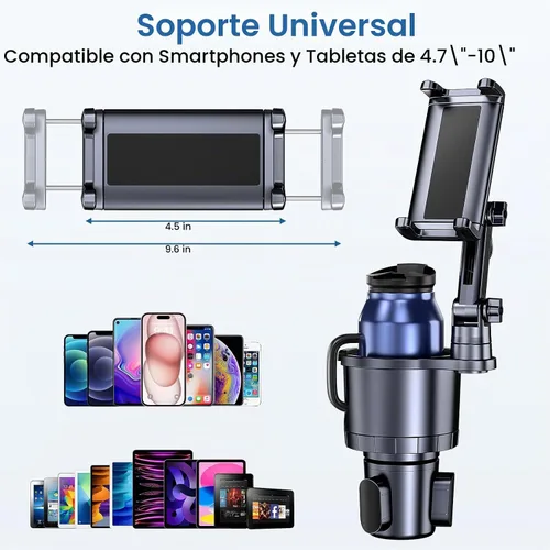 Vista 6 de Portavasos para teléfono y tableta, 2 en 1, iPad con brazo extensible ajustable para teléfono de 4.7 a 10 pulgadas, soporte para tableta compatible