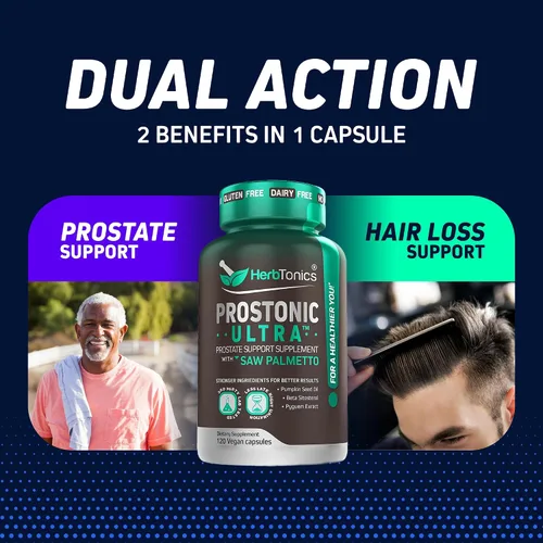 Vista 5 de Soporte doble para próstata y cabello para hombres – Saw Palmetto, beta-sitosterol, semillas de calabaza – Promueve la salud urinaria y el bloqueo