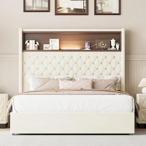 Vista 3 de VilroCaz Cama de plataforma suave de terciopelo de tamaño matrimonial de 52 pulgadas de alto y decoración de remaches, cama con plataforma