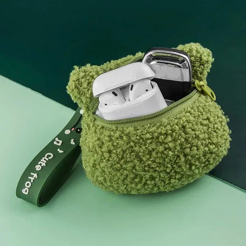 Vista 4 de Lindo monedero de rana de felpa verde Kawaii monedero monedero de rana monedero bolsa de felpa llavero de felpa para auriculares, llaves de crédito