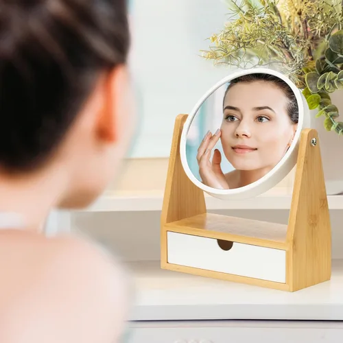 Vista 3 de YEAKE Espejo de maquillaje de tocador con soporte de bambú natural, espejo de aumento de doble cara 1X/3X con cajón, espejo portátil de mesa pequeño