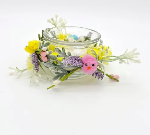 Vista 2 de Easter Floral and Yellow, Pink and Blue Chicks Candle Holder for Easter and Spring Table Decorations on Glass Candle Holder Glass Base - Set of 2