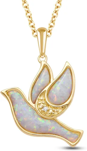 Vista 10 de Jewelili Collar con colgante de paloma de plata de ley o oro amarillo chapado en plata de ley para mujer, ópalo creado y diamantes redondos blancos