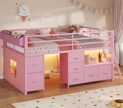 Vista 17 de ADORNEVE Cama baja tipo loft tamaño individual con 7 cajones de almacenamiento, estantería y luces LED, cama alta de metal para niños con barandilla