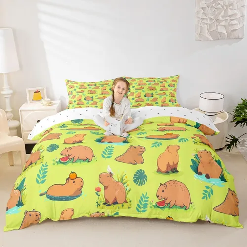 Vista 4 de Capybaras - Juego de funda de edredón tamaño individual, juego de ropa de cama para niños y niñas, diseño de zoológico de dibujos animados, juego