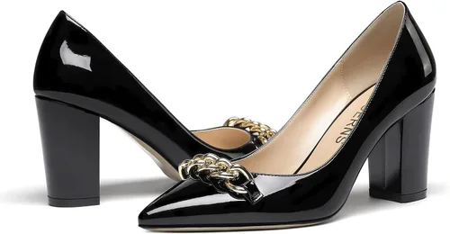 Vista 3 de WAYDERNS Zapatos de tacón alto para mujer, diseño de cadena de metal dorado, patente, puntera puntiaguda, zapatos de tacón alto de 3.5 pulgadas