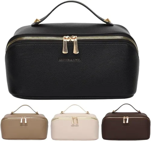 Vista 18 de Bolsas de maquillaje a cuadros de gran capacidad, bolsas de cosméticos portátiles de viaje, bolsa de aseo abierta y plana para mujeres y niñas