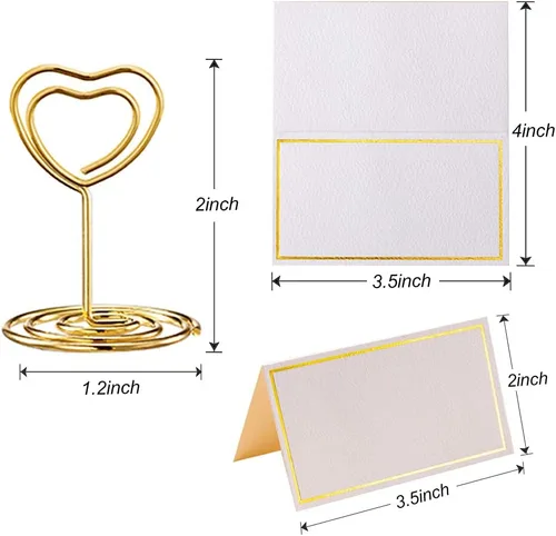 Vista 3 de Toncoo 24 mini tarjeteros de lugar y 24 tarjetas de lugar con borde de lámina dorada, soporte de número de mesa con forma de corazón, soporte