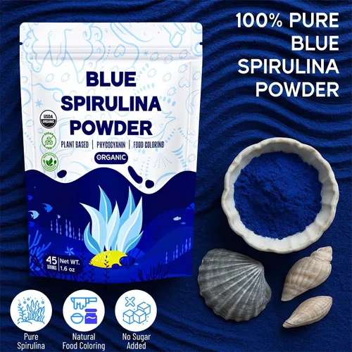 Vista 2 de Polvo de espirulina azul orgánico de 1.59 oz, colorante natural para alimentos de espirulina (ficocianina), azul océano vibrante para hornear