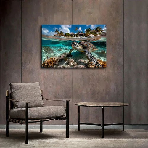 Vista 3 de Póster de tortuga marina verde nadando a través de los rayos del sol, fotos de tortugas marinas, imagen impresa en alta definición, póster retro