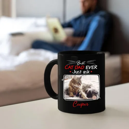 Vista 6 de Taza de café personalizada con nombre y foto de gato, marco de fotos personalizado para gato, taza de café negra de 11 onzas y 15 onzas, taza de té