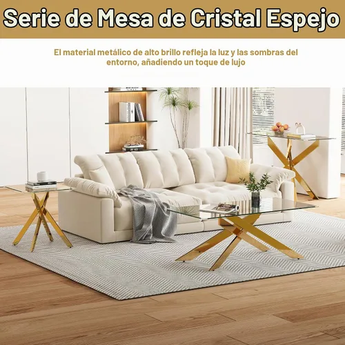 Vista 7 de Mesa de centro rectangular moderna de cristal, mesa central de vidrio templado y patas de metal chapado en oro para sala de estar, oficina en casa