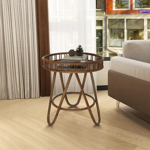 Vista 11 de FINECASA Mesa de centro redonda de ratán bohemio, tejida a mano, estilo moderno, mesa de centro redonda de mimbre para sala de estar, 32 x 18 Marrón