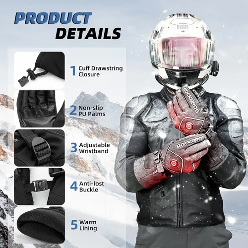 Vista 3 de ROCKBROS Guantes calefactables eléctricos con batería recargable térmica, guantes térmicos para hombres y mujeres, para pantalla táctil de invierno