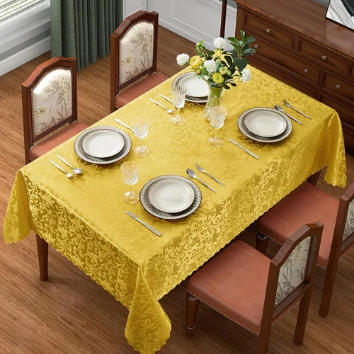 Vista 6 de SiinvdaBZX Mantel rectangular de damasco, diseño jacquard de lujo, mantel dorado de 60 x 84 pulgadas, mantel de poliéster satinado sin arrugas