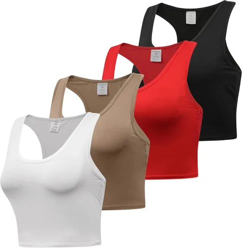 Vista 2 de Formeet17 Camiseta corta sin mangas básica para mujer, 4 piezas, cuello redondo, espalda cruzada