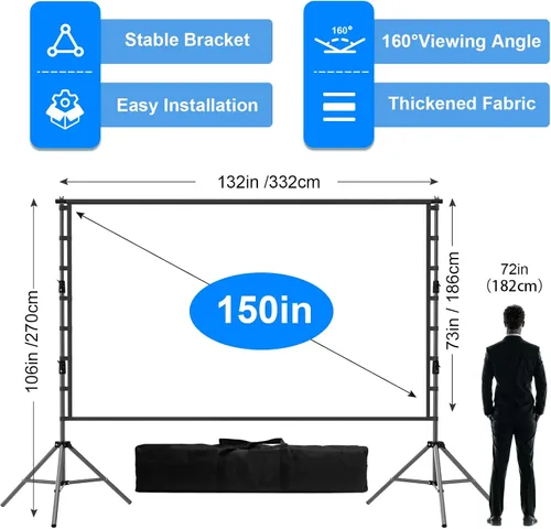 Vista 5 de Pantalla de proyector para exteriores con soporte, pantalla de proyector portátil de 120 pulgadas, soporte resistente, altura ajustable, pantalla
