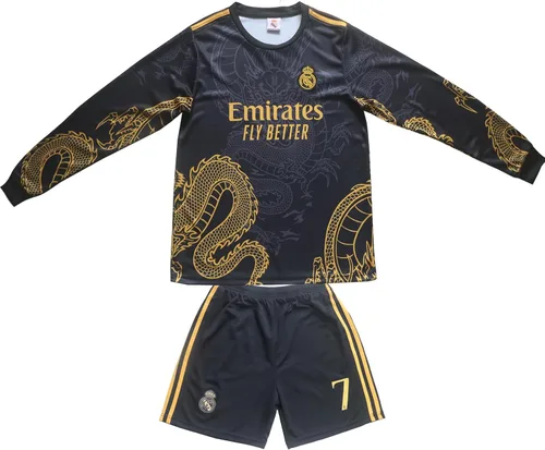 Vista 2 de Madrid Ronaldo #7 Special Gold Black Dragon Edition - Conjunto de pantalones cortos de fútbol de manga larga para niños, tallas juveniles