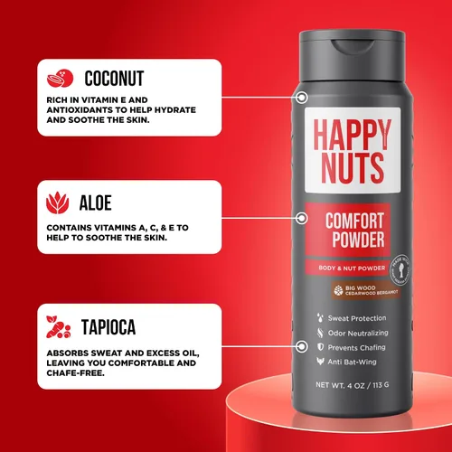 Vista 5 de HAPPY NUTS Comfort Powder - Antirozaduras y desodorante, sin aluminio, control del sudor y el olor para la picazón deportista, la ingle y el privado