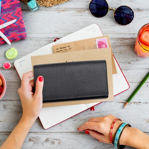 Vista 5 de Billeteras de cuero para mujer - Cartera con bloqueo RFID con 10 ranuras para tarjetas de crédito, Negro -, Nm 08