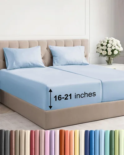 Vista 130 de Juego de sábanas tamaño Queen con bolsillos extra profundos, sábanas transpirables y refrescantes de 4 piezas, ropa de cama de lujo para hotel