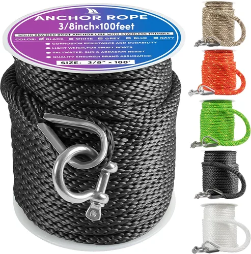 Vista 35 de Cuerda de anclaje premium de 50 pies x 1/2 pulgadas, línea de anclaje trenzada sólida MFP para barco con dedal y grillete - Negro
