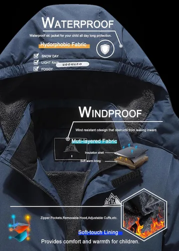 Vista 4 de MOERDENG Chaqueta impermeable con capucha para niños y niñas, chaqueta de invierno cálida para snowboard y rompevientos con capucha
