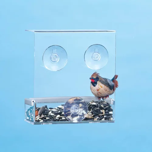 Vista 2 de Fox Valley Traders Comedero para pájaros con ventana, diseño acrílico transparente, decoración al aire libre, borde elevado con alimentador