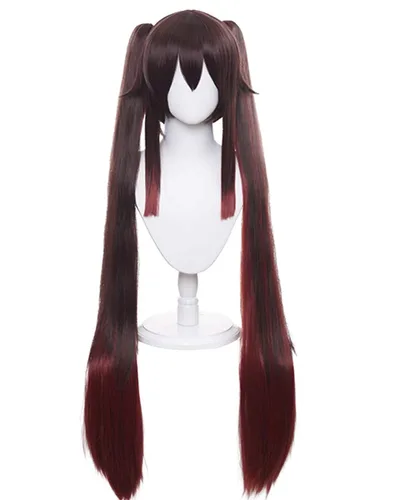 Vista 2 de Pelucas largas de cabello sintético con coletas marrones para Halloween con gorra de peluca gratis para fiesta (Hu Tao)