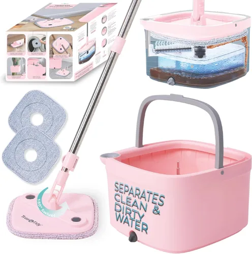 Vista 9 de TRUE & TIDY Sistema de trapeador giratorio cuadrado y cubeta – Doble cámara para agua limpia y sucia, trapeador giratorio de 360° con autoescurrido