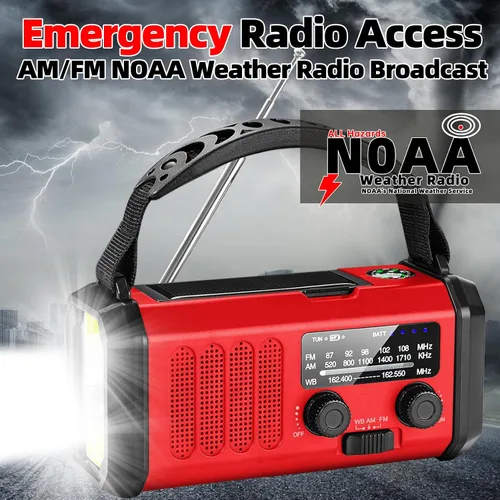 Vista 3 de QAUYYW Radio de Emergencia Meteorológica, Radio de Manivela Portátil de 37000mWh NOAA/AM/FM, Luz de Lectura, Radio Solar, Linterna de Emergencia
