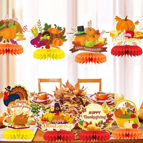 Vista 7 de Centro de mesa de Acción de Gracias, 9 piezas, decoración de mesa de otoño, calabaza, pavo, panal, Acción de Gracias, centro de mesa para decoración