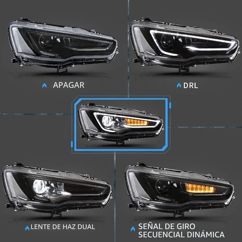 Vista 2 de VLAND Faros LED Compatibles con Mitsubishi Lancer & EVO X 2008-2020 Conjunto de lámpara delantera con proyector con lente ahumada con secuencial