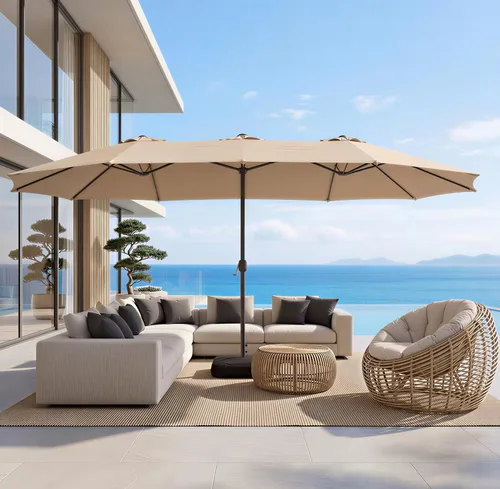 Vista 38 de Sombrilla de doble cara para patio de 15 x 9 pies con base y manivela, sombrilla rectangular extragrande para patio, césped y jardín, beige