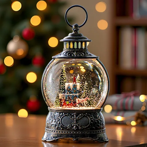 Vista 7 de Globos de Nieve de Navidad, Farol de Agua de Navidad con Carruaje e Iglesia Azul, Música y Temporizador de 6 Horas, Faroles Iluminados con Cable
