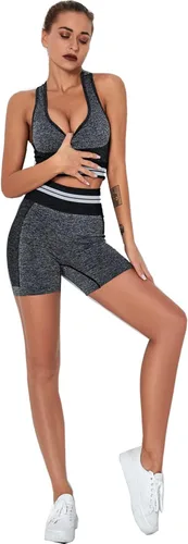 Vista 8 de UHYARE Conjunto de entrenamiento de yoga sin costuras para mujer, conjunto de 2 piezas, pantalones cortos de gimnasio, brasier deportivo