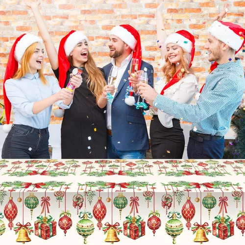 Vista 7 de Frienda Paquete de 3 manteles de plástico para Navidad, mantel de Navidad desechable rectangular para decoración de fiesta de Navidad, suministros