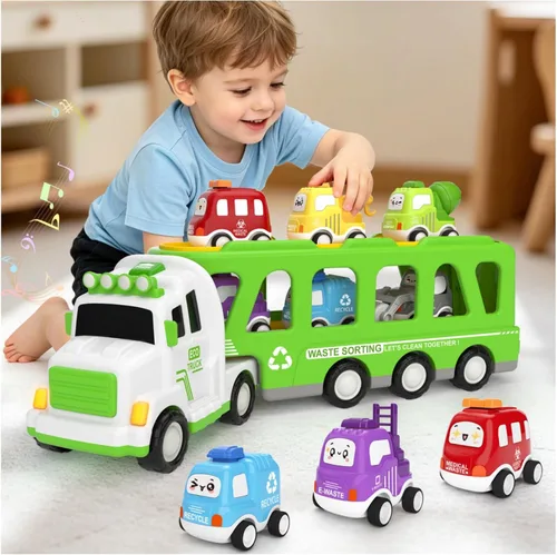 Vista 3 de Camión de juguete 7 en 1 para niños de 1, 2, 3, 4, 5 años, camión transportador ecológico de 17 pulgadas más largo con 6 bonitos autos y tapete