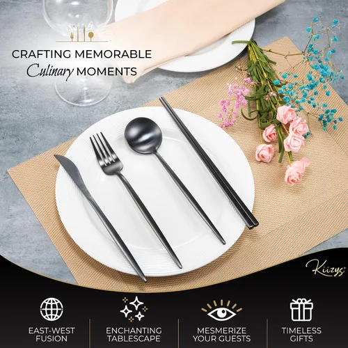 Vista 4 de KiiZYs Juego de cubiertos negro mate – Juego de cubiertos modernos de 14 piezas de acero inoxidable – Palillos de metal para cocina, tenedor