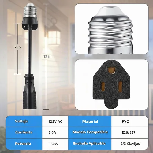 Vista 2 de Feekoon Adaptador de enchufe de luz de 3 tomacorrientes, E26/E27 a salida de 3 clavijas, negro E26/E27 Light Bulb Plug Adapter Converter with