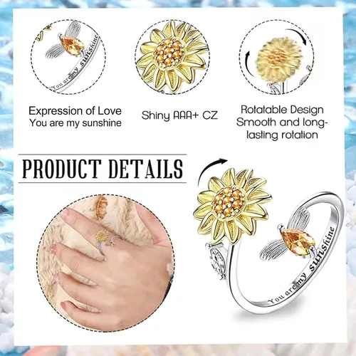 Vista 4 de Banemi Anillos antiestrés para la ansiedad para mujeres, anillo giratorio de flor de circonita cúbica, regalo de joyería para esposa, niña, día
